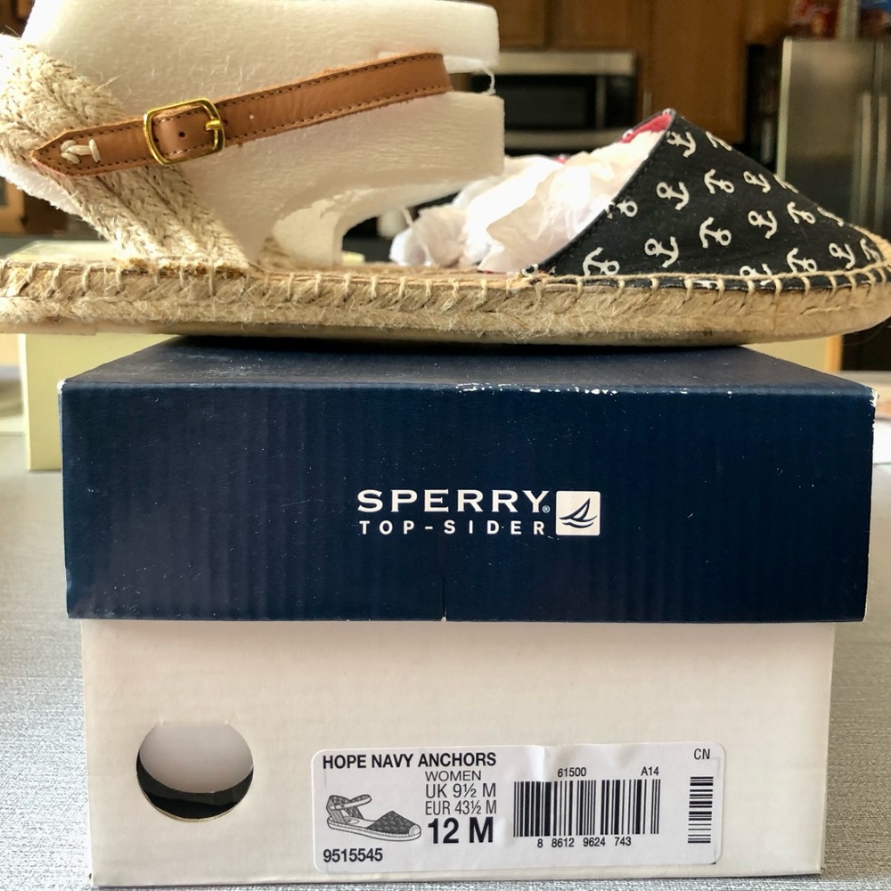 Woman’s Sperry Espadrilles Hope Navy Anchors Size 12 Medium New In Box